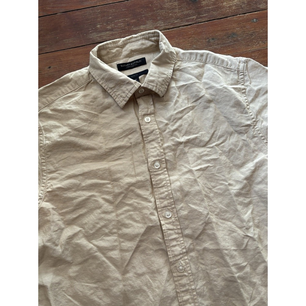 Banana Republic Slim Fit Linen Blend Beige Short Sleeve Button-Up Shirt M
